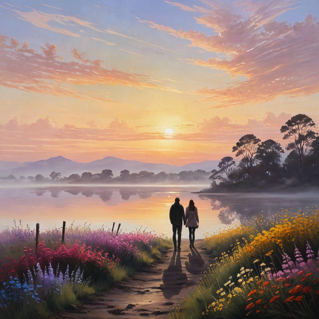 A serene landscape half shrouded in mist and half bathed in warm sunlight, symbolizing affection and longing. Silhouettes of people stand between the contrasting sides, gazing towards a distant horizon. Soft, melancholic colors blend beautifully, with a hint of vibrant flowers in the foreground representing hope. The scene is reflective, evoking deep emotions. ethereal painting. soft pastels. dreamy atmosphere.