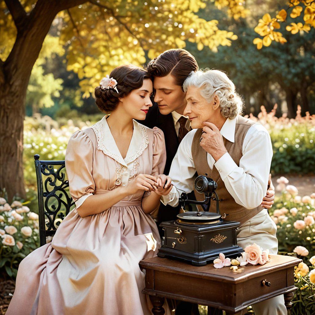 A dreamy scene depicting an old-fashioned couple sharing a tender moment by a vintage gramophone in a sunlit park, surrounded by blooming flowers and falling leaves, evoking feelings of nostalgia and romance. Soft pastel colors enhance the emotional atmosphere, with hints of sepia tones to emphasize the vintage aspect. whimsical, soft-focus, painterly style.