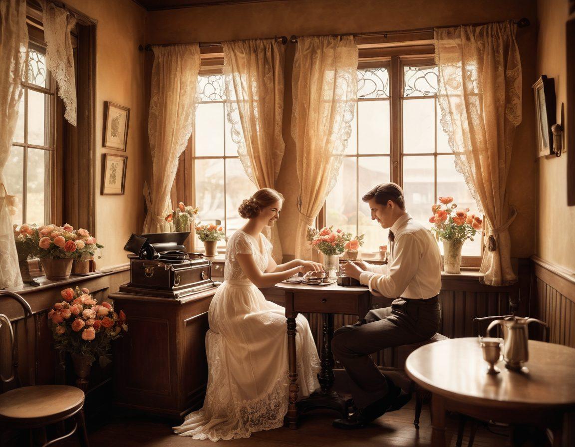 A nostalgic sepia-toned scene depicting a couple sharing a tender moment in a vintage café, surrounded by floral arrangements and antique furnishings. Soft sunlight streams through lace curtains, casting delicate shadows on their smiling faces as they hold hands. In the background, an old-fashioned gramophone is playing a love song. retro aesthetic. warm hues. intricate details. whimsical atmosphere.